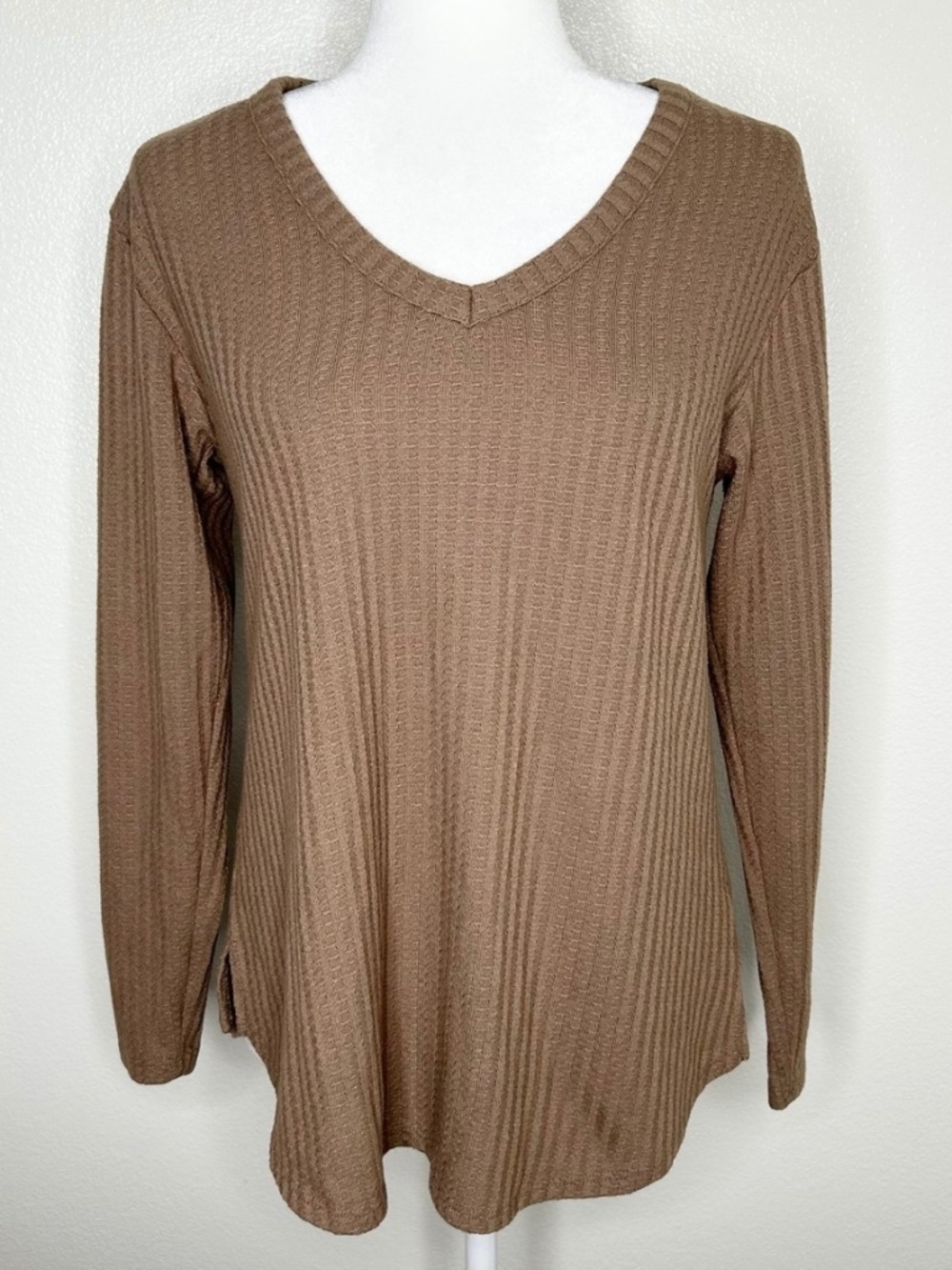 Chaser Womens Tan Brown Waffle Knit V-Neck Long Sleeve Top Size S